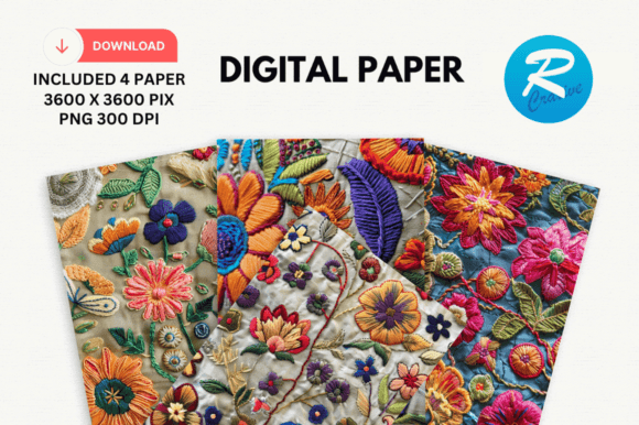 3D Embroidered Flowers Digital Paper