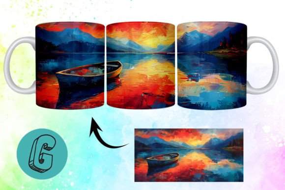 3D Oil Paint Lonely Boat Mug Wrap 05